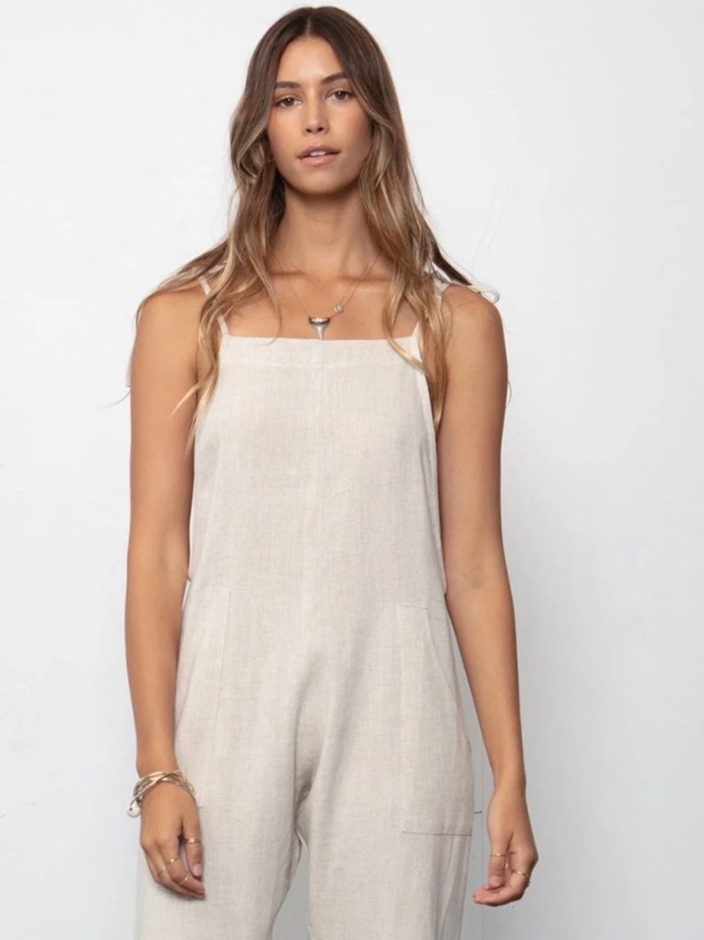 Stillwater Women’s Cream Linen-Blend Tie-Strap Jumpsuit Size S